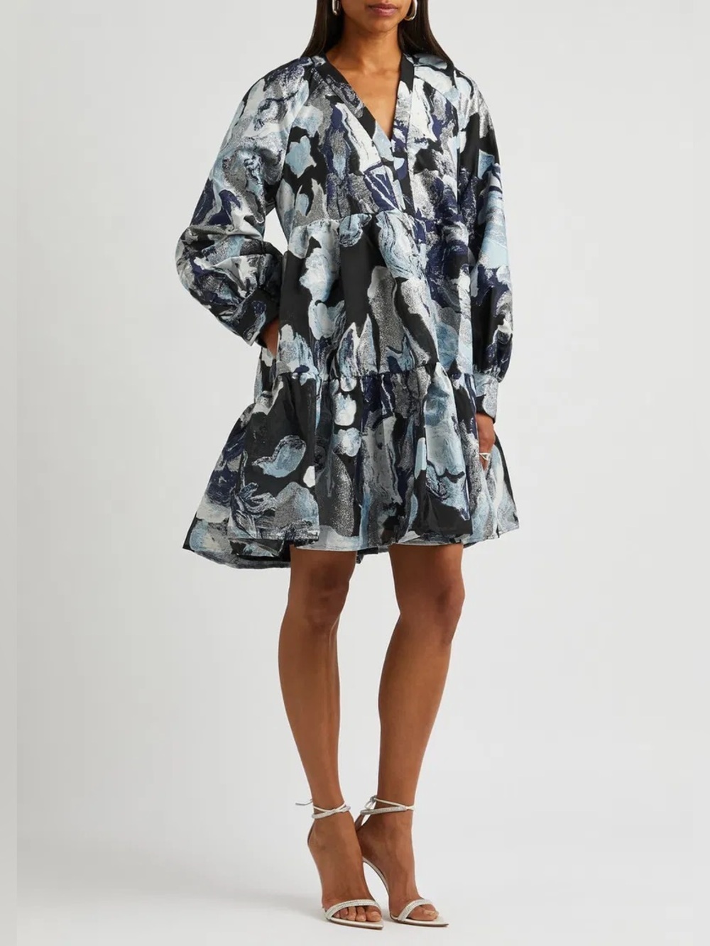 Stine Goya Jasmine Jacquard Organza V-Neck Tiered Mini Dress XL